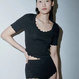 Zara Black Pointelle Scalloped Women's Blouse